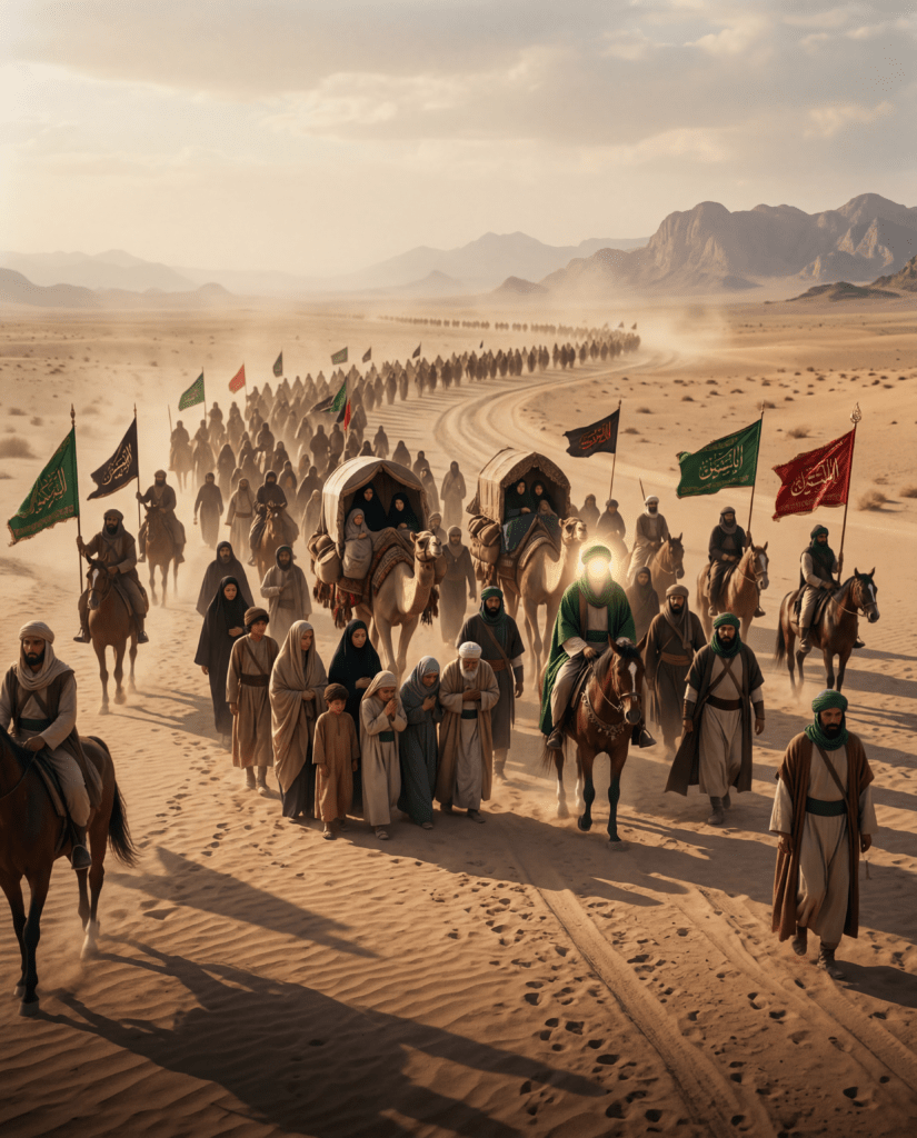 freepik_imam-hussein-leaving-mecca-with-his-entire-caravan-solemnly-departing-along-a-vast-desert-road-toward-kufa-in-iraq-hundreds-of-riders-and-tentsladen-camels-stretching-across-the-sandy-hor_0001